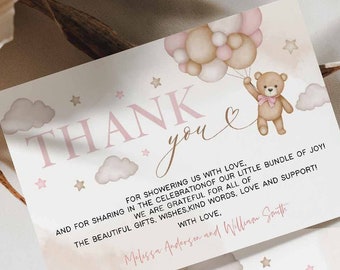 Editable Pink Girl Teddy Bear Balloon Baby Shower Thank You Flat Card Sprinkle Shower Thank You Notes Card Template 05V3