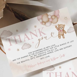 Editable Pink Girl Teddy Bear Balloon Baby Shower Thank You Flat Card Sprinkle Shower Thank You Notes Card Template 05V3 image 1