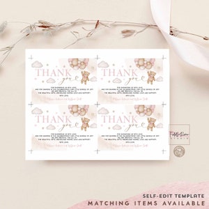 Editable Pink Girl Teddy Bear Balloon Baby Shower Thank You Flat Card Sprinkle Shower Thank You Notes Card Template 05V3 image 3