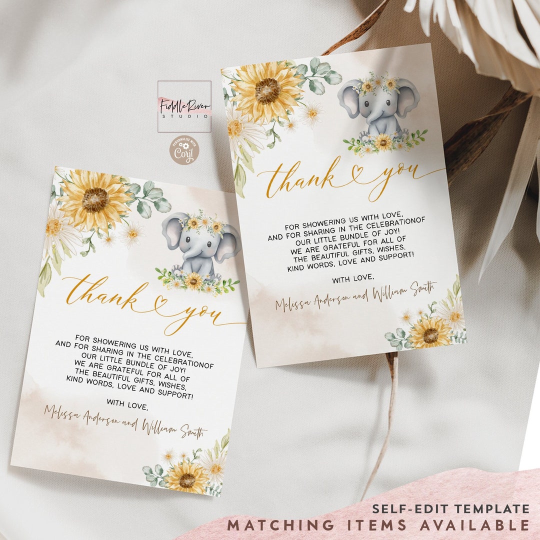 Editable Sunflower Elephant Mustard Yellow Baby Shower Little Peanut ...