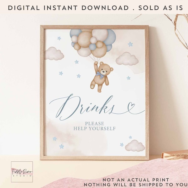 Boy Blue Teddy Bear Baby Shower Drinks Sign Baby Shower Sprinkle Bearly Wait Decoration Signs Printable Instant Download 05V2