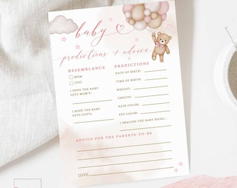 Girl Pink Teddy Bear Baby Shower Baby Predictions and Advice Game Baby Shower Sprinkle Bearly Wait Games Printable Instant Download 05V3