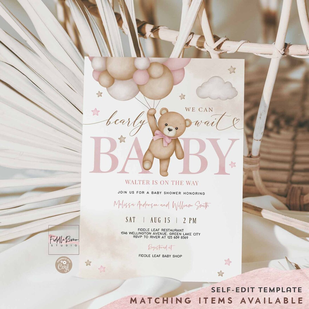 Editable Pink Girl Teddy Bear Balloon We Can Bearly Wait Baby Shower ...