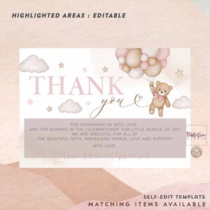 Editable Pink Girl Teddy Bear Balloon Baby Shower Thank You Flat Card Sprinkle Shower Thank You Notes Card Template 05V3 image 2