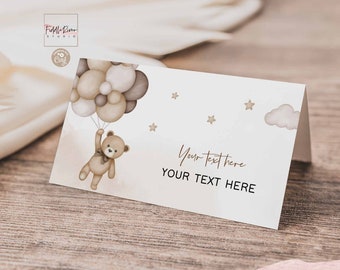 Editable Gender Neutral Teddy Bear Folded Place Card Buffet Food Label Guest Name Card Template Instant Download Template 05V1