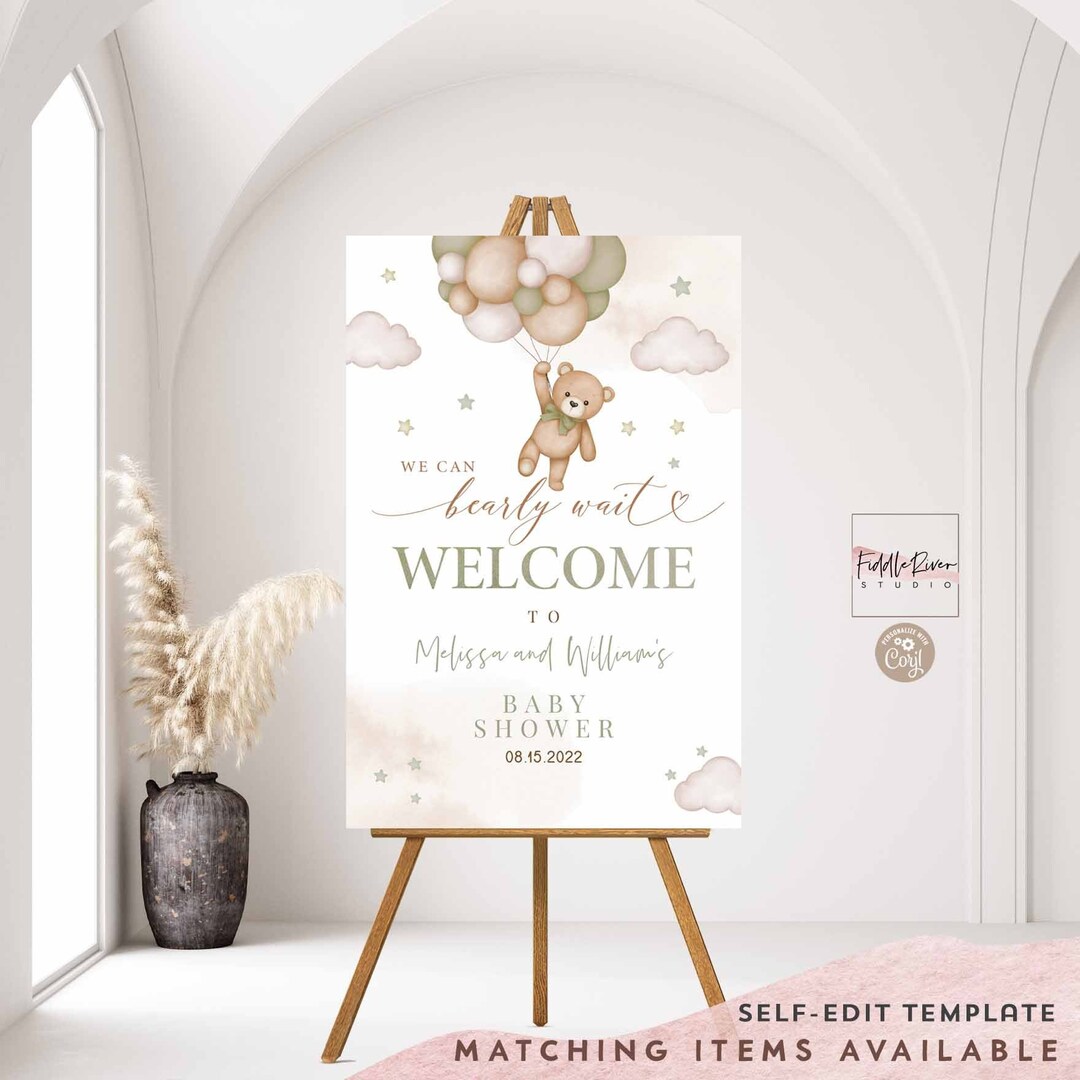 Editable Sage Green Gender Neutral Teddy Bear We Can Bearly Wait Baby ...