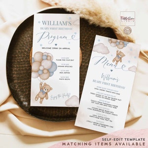 Saupoudrer de douche bleu garçon ours en peluche modifiable baptême anniversaire nuptiale programme modifiable Menu modèle imprimable téléchargement immédiat 05K2