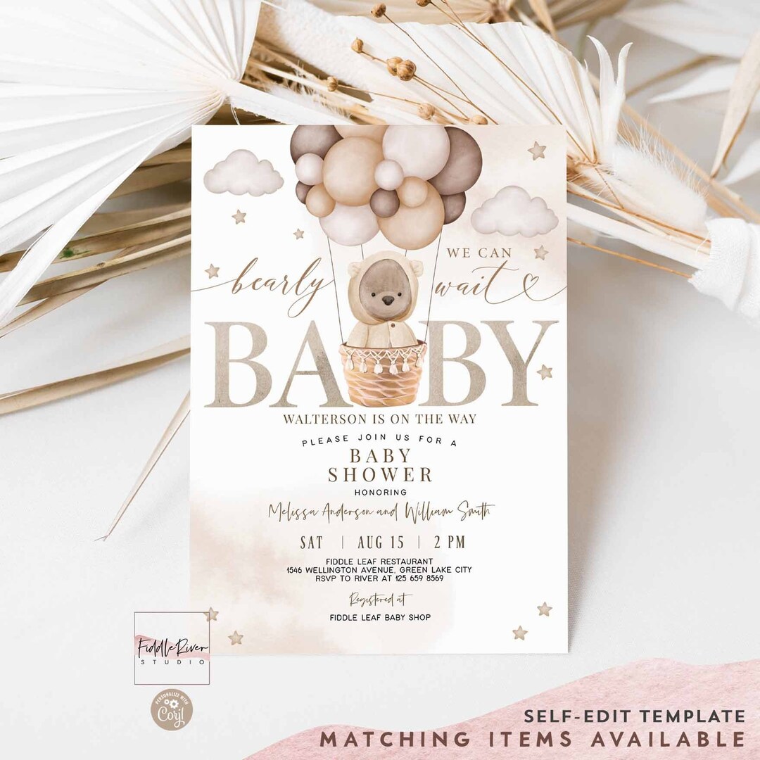 Editable Gender Neutral We Can Bearly Wait Hot Air Balloon Teddy Bear ...