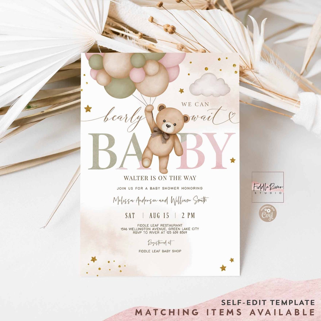 Editable Gold Pink Sage Green Boy Girl Teddy Bear We Can Bearly Wait ...