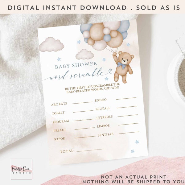 Boy Blue Teddy Bear Baby Shower Baby Word Scramble Game Baby Shower Sprinkle Bearly Wait Games Printable Instant Download 05V2