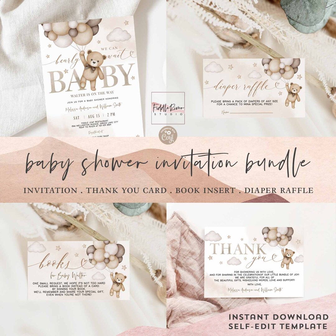 Editable Gender Neutral Teddy Bear We Can Bearly Wait Baby Shower ...