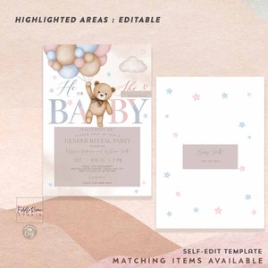 Editable Blue Pink He or She Gender Reveal Teddy Bear We Can Bearly Wait Gender Reveal Invitation Sprinkle Shower Invite Template 05V10 1 image 3