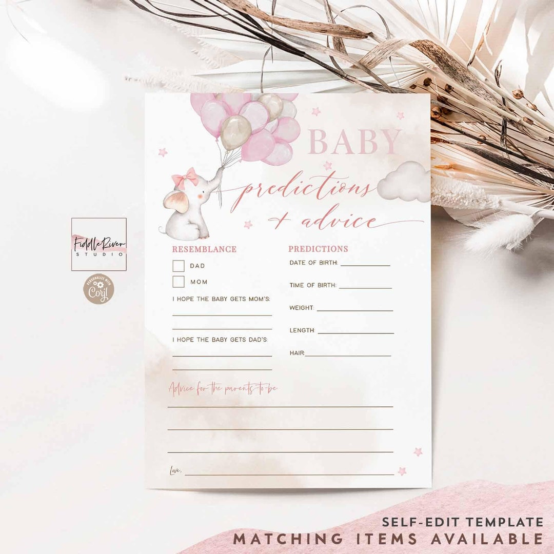 Editable Pink Girl Elephant Baby Shower Baby Predictions and Advice ...