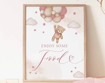 Girl Mauve Pink Teddy Bear Baby Shower Enjoy Some Food Sign Shower Sprinkle Bearly Wait Decoration Sign Printable Instant Download 05V16