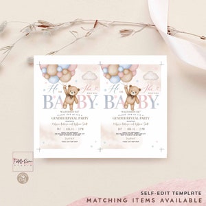 Editable Blue Pink He or She Gender Reveal Teddy Bear We Can Bearly Wait Gender Reveal Invitation Sprinkle Shower Invite Template 05V10 1 image 4