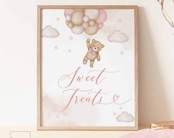 Girl Pink Teddy Bear Baby Shower Sweet Treats Sign Baby Shower Sprinkle Bearly Wait Decoration Sign Printable Instant Download 05V3