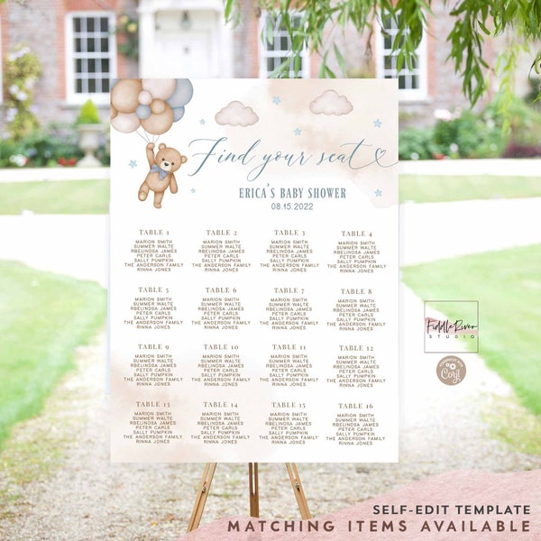 Editable Blue Teddy Bear Find Your Seat Baby Shower Sprinkle Bridal Baptism Shower Birthday Seating Chart Template Instant Download 05V2