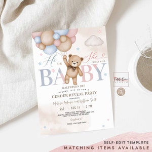 Editable Blue Pink He or She Gender Reveal Teddy Bear We Can Bearly Wait Gender Reveal Invitation Sprinkle Shower Invite Template 05V10 1 image 5