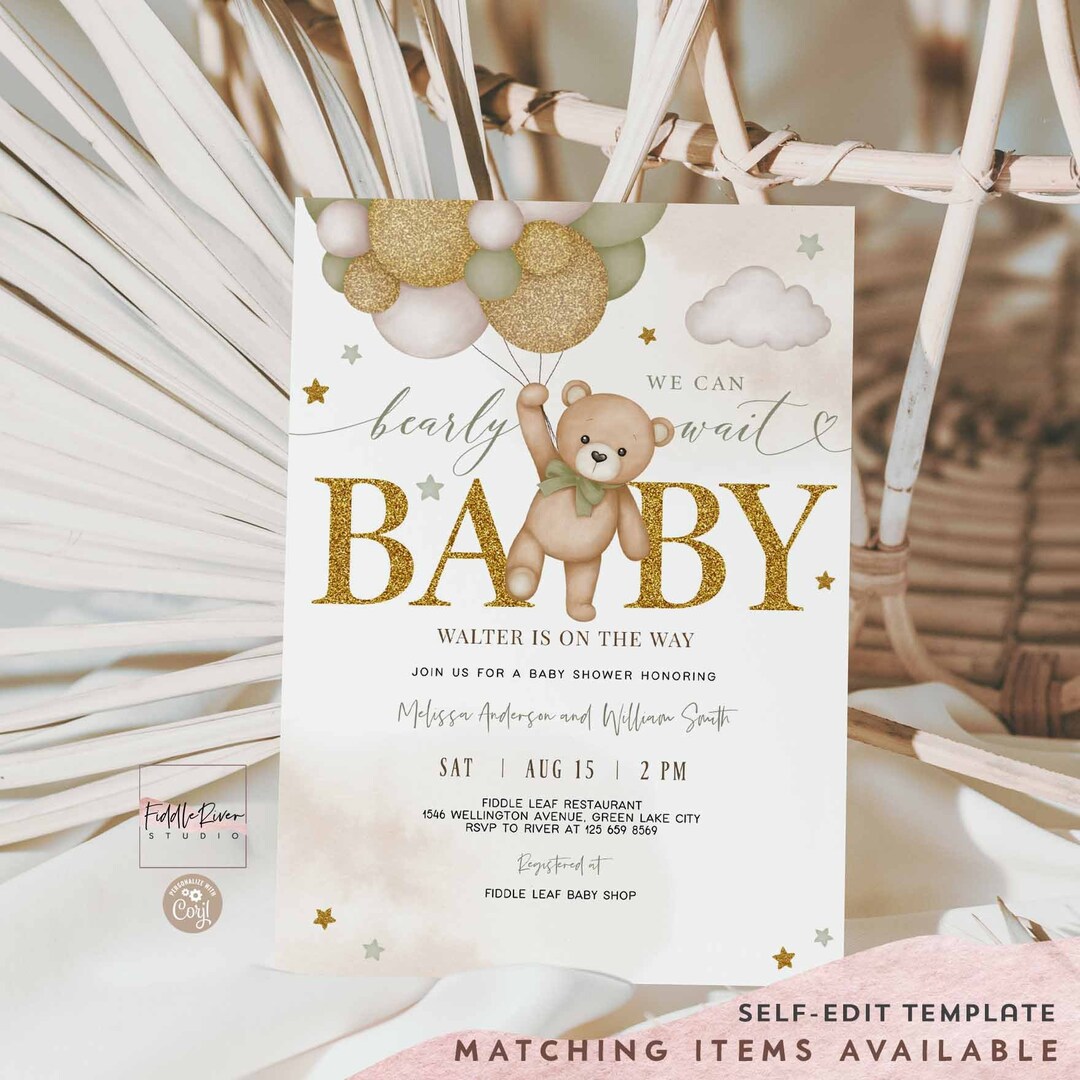 Editable Sage Green Gold Gender Neutral Teddy Bear We Can Bearly Wait ...