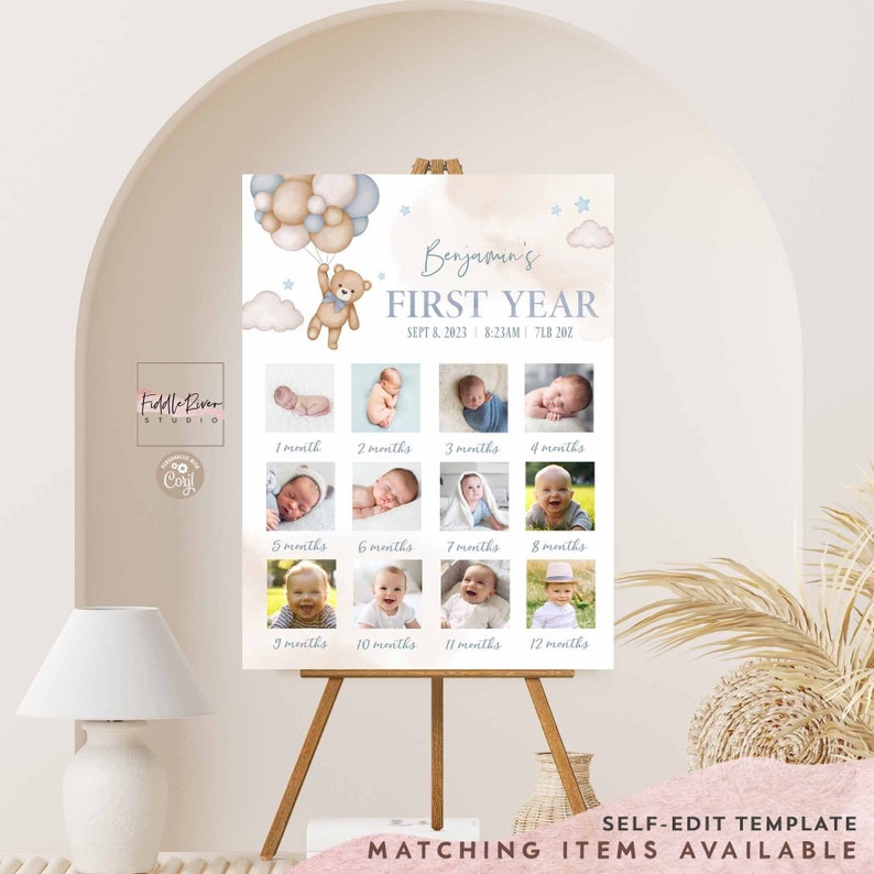 Editable Boy Blue Teddy Bear Birthday Milestone Poster First Year Poster Photo Collage Decoration Printable Template Instant Download 05K2 image 1