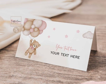 Editable Girl Pink Teddy Bear Folded Place Card Buffet Food Label Guest Name Card Template Instant Download Template 05V3