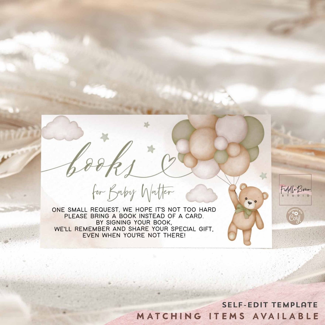 Editable Gender Neutral Sage Green Teddy Bear Books Insert Card Books ...