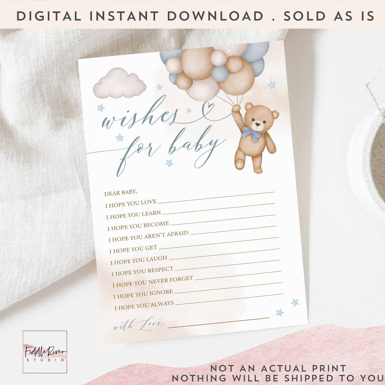 Carte de voeux de bébé garçon bleu ours en peluche baby shower, saupoudrer le jeu d'attente Bearly, téléchargement immédiat 05V2