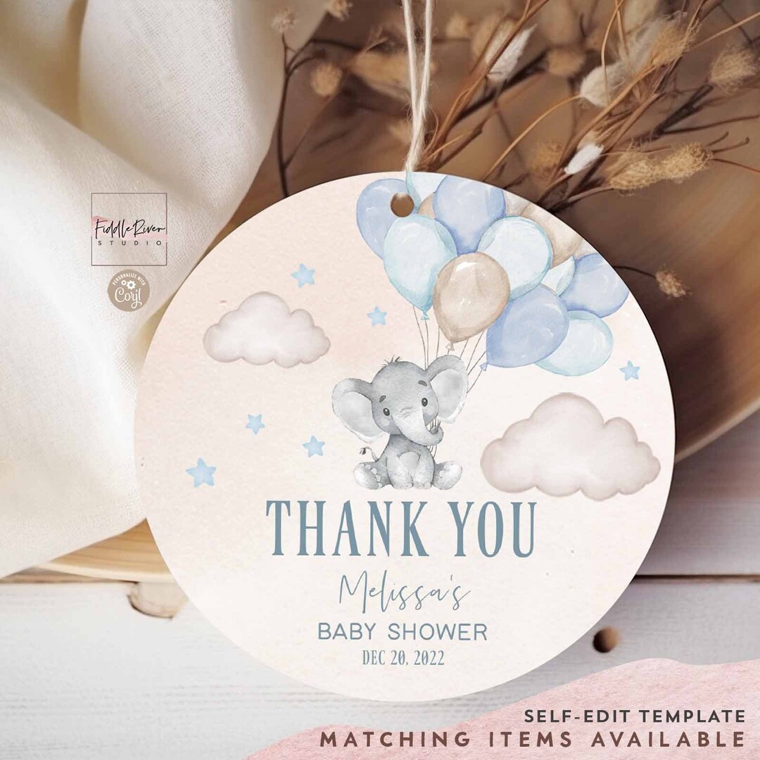 Editable Blue Boy Elephant A Little Peanut Thank You Round Tag Sticker ...