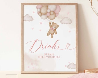 Girl Pink Teddy Bear Baby Shower Drinks Sign Baby Shower Sprinkle Bearly Wait Decoration Sign Printable Instant Download 05V3