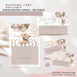 Editable Gender Neutral Teddy Bear We Can Bearly Wait Baby Shower ...