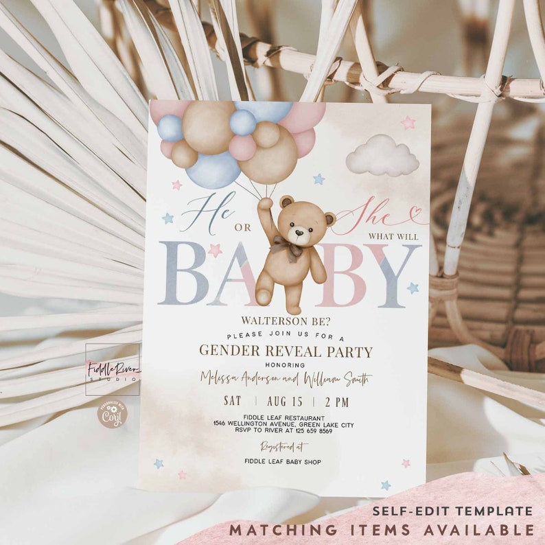 Editable Blue Pink He or She Gender Reveal Teddy Bear We Can Bearly Wait Gender Reveal Invitation Sprinkle Shower Invite Template 05V10 1 image 1