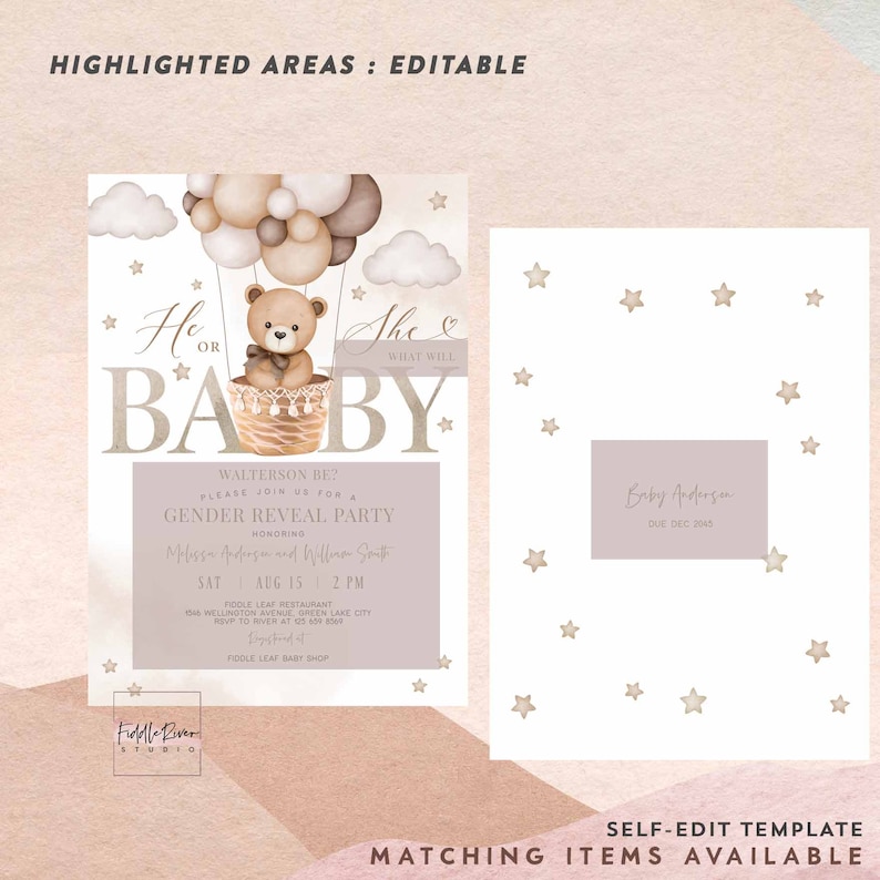 Editable He or She Gender Reveal Hot Air Balloon Teddy Bear We Can Bearly Wait Baby Shower Invitation Shower Invite Template 35V1 1 image 2