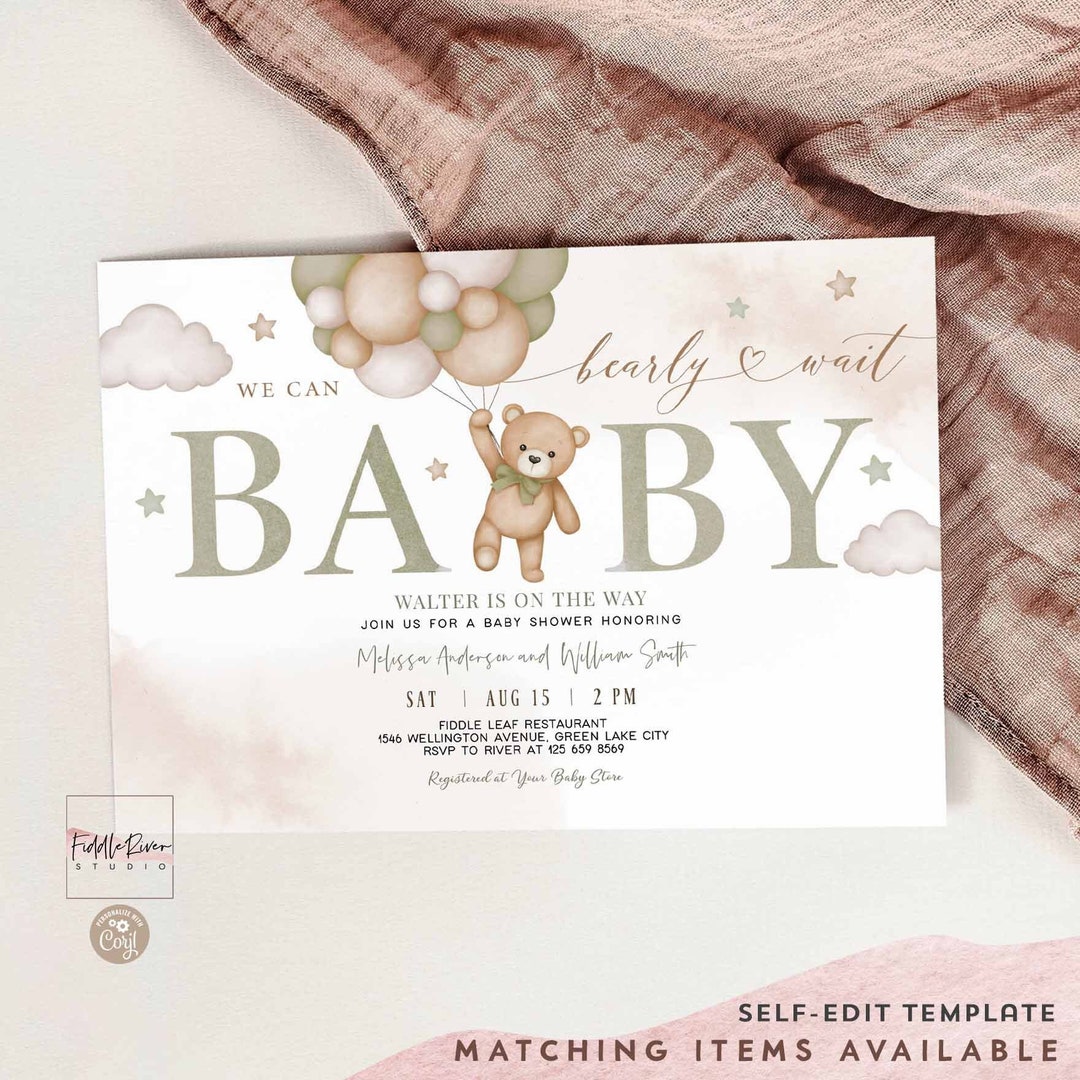 Editable Sage Green Gender Neutral Teddy Bear We Can Bearly Wait Baby ...