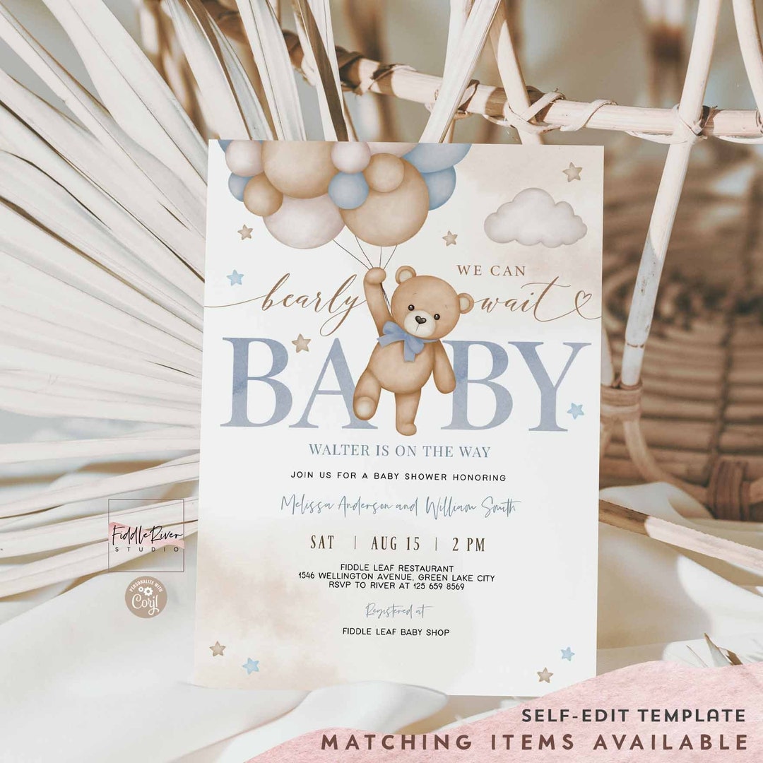 Editable Blue Boy Teddy Bear Balloon We Can Bearly Wait Baby Shower ...