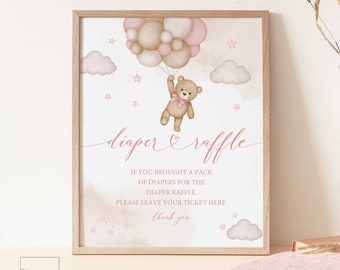 Girl Pink Teddy Bear Baby Shower Diaper Raffle Sign Baby Shower Sprinkle Bearly Wait Decoration Sign Printable Instant Download 05V3