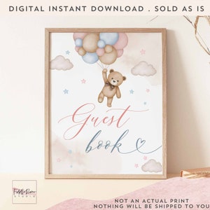 Pink Blue Gender Neutral Reveal Party Teddy Bear Baby Shower Guestbook Sign Bearly Wait Decor Sign Printable Instant Download 05V10