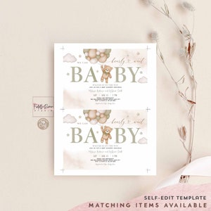 Editable Sage Green Gender Neutral Teddy Bear We Can Bearly Wait Baby ...