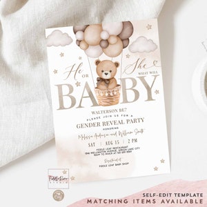 Editable He or She Gender Reveal Hot Air Balloon Teddy Bear We Can Bearly Wait Baby Shower Invitation Shower Invite Template 35V1 1 image 5