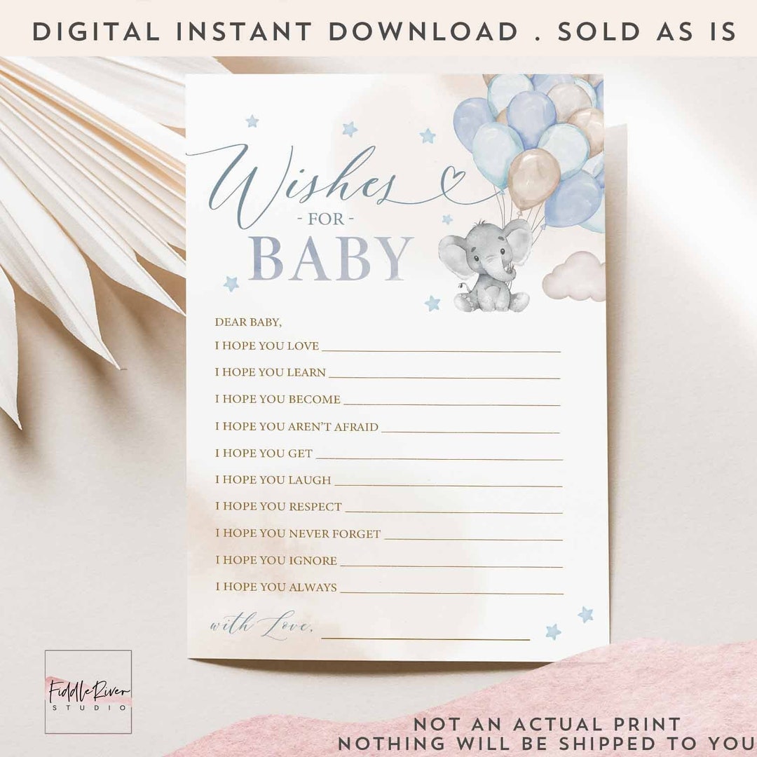 Boy Blue Elephant Baby Wishes Card Wishes for Baby Game Baby Shower ...