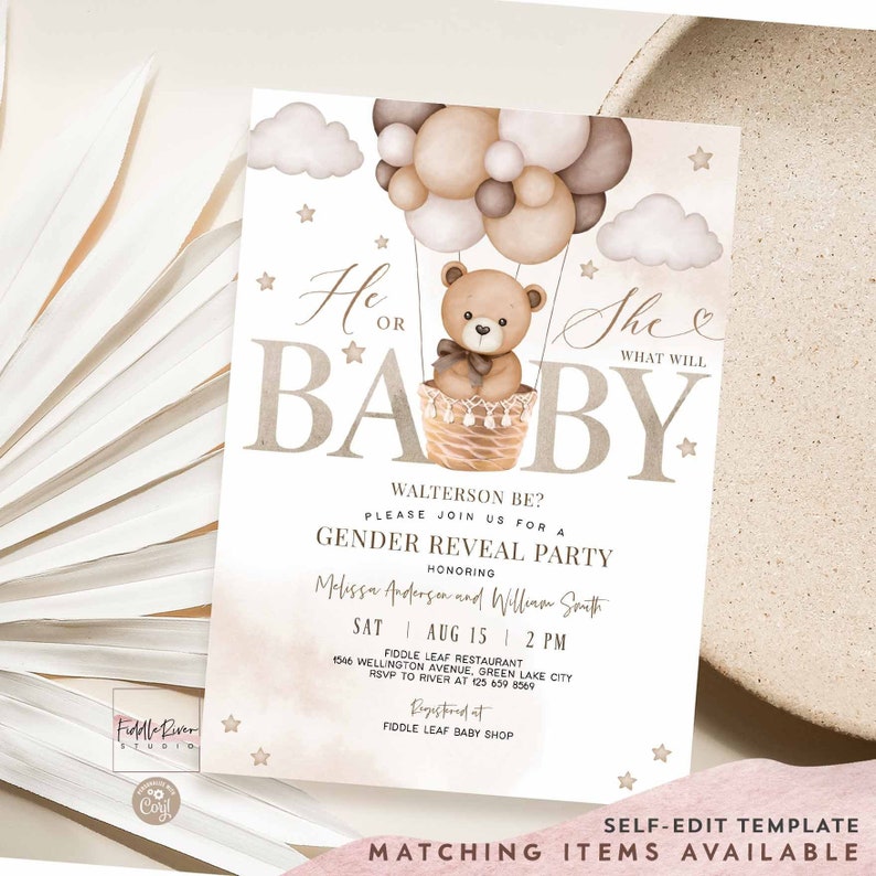 Editable He or She Gender Reveal Hot Air Balloon Teddy Bear We Can Bearly Wait Baby Shower Invitation Shower Invite Template 35V1 1 image 1