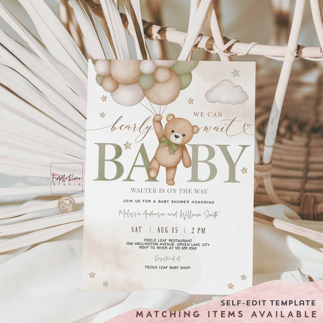 Editable Sage Green Gender Neutral Teddy Bear We Can Bearly Wait Baby ...