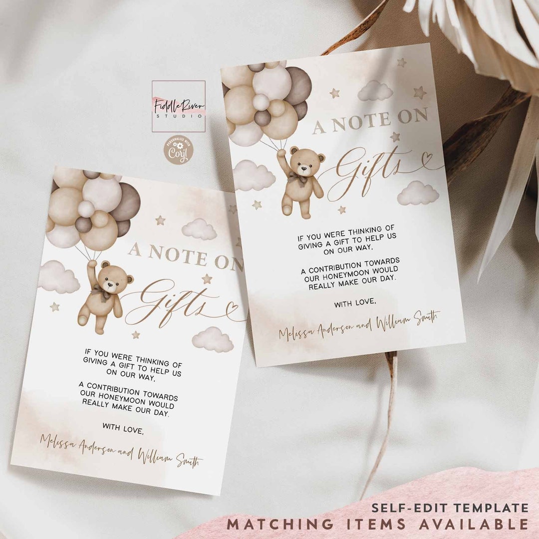 Editable Gender Neutral Teddy Bear A Note on Gifts Card Details Insert ...