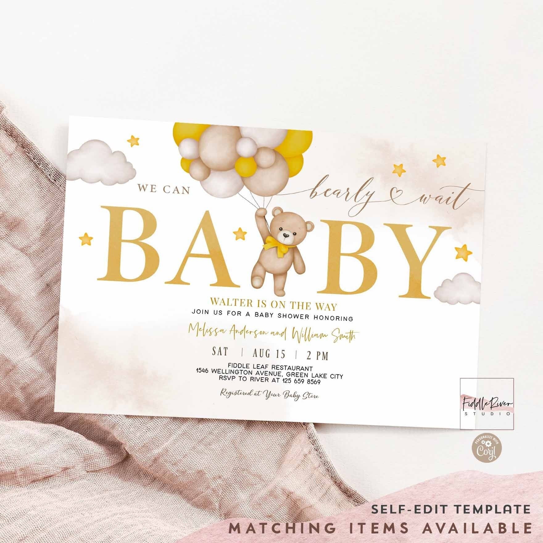 Editable Gender Neutral Mustard Yellow Teddy Bear We Can Bearly Wait Baby Shower Gender Reveal Invitation Sprinkle Invite