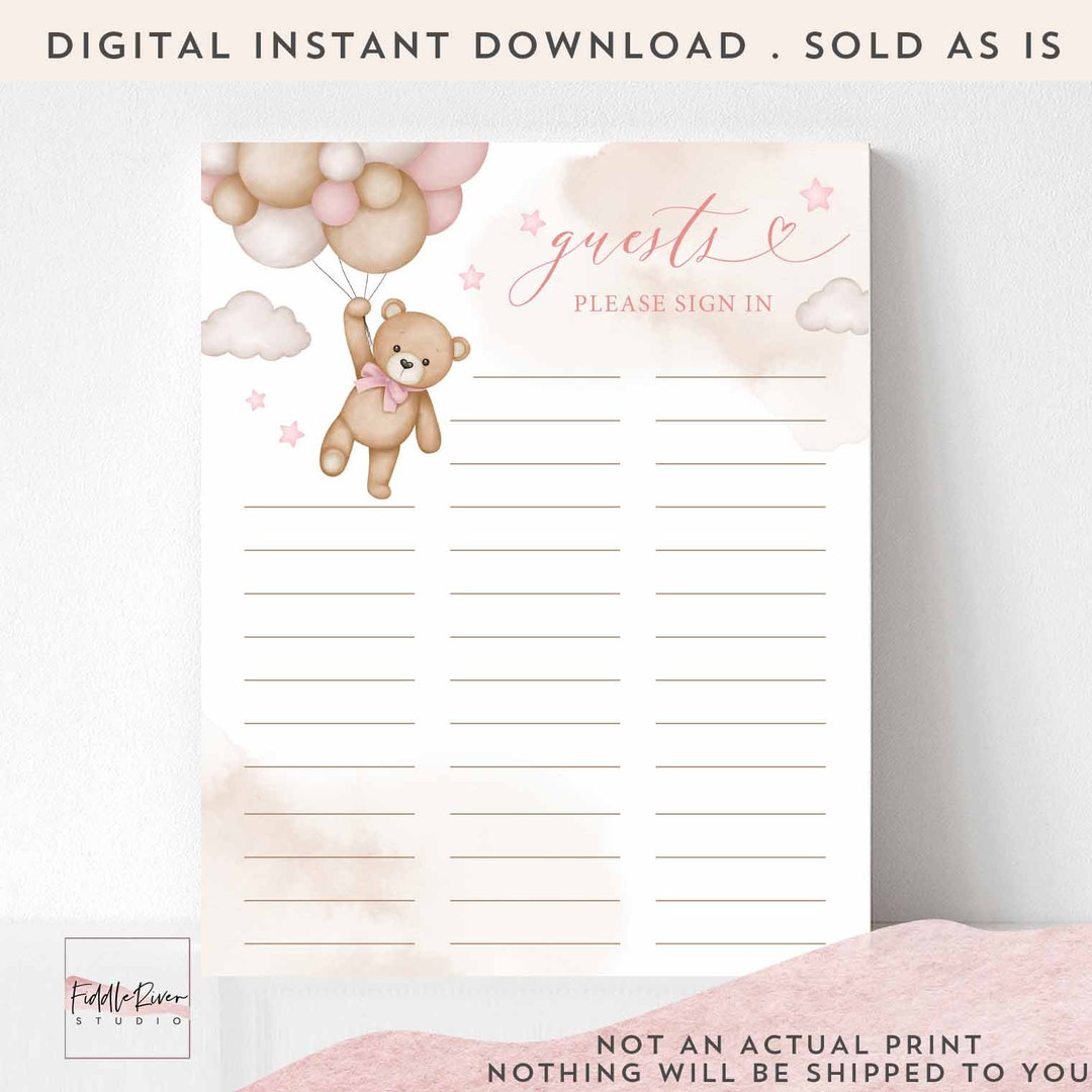 Pink Girl Teddy Bear Baby Shower Guests Sign in Sheet Pink Bearly Wait ...