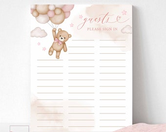 Pink Girl Teddy Bear Baby Shower Guests Sign In Sheet Pink Bearly Wait Decoration Sign Printable Instant Download 05V3