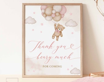 Girl Pink Teddy Bear Baby Shower Thank You Beary Much Sign Baby Shower Sprinkle Bearly Wait Decoration Sign Printable Instant Download 05V3