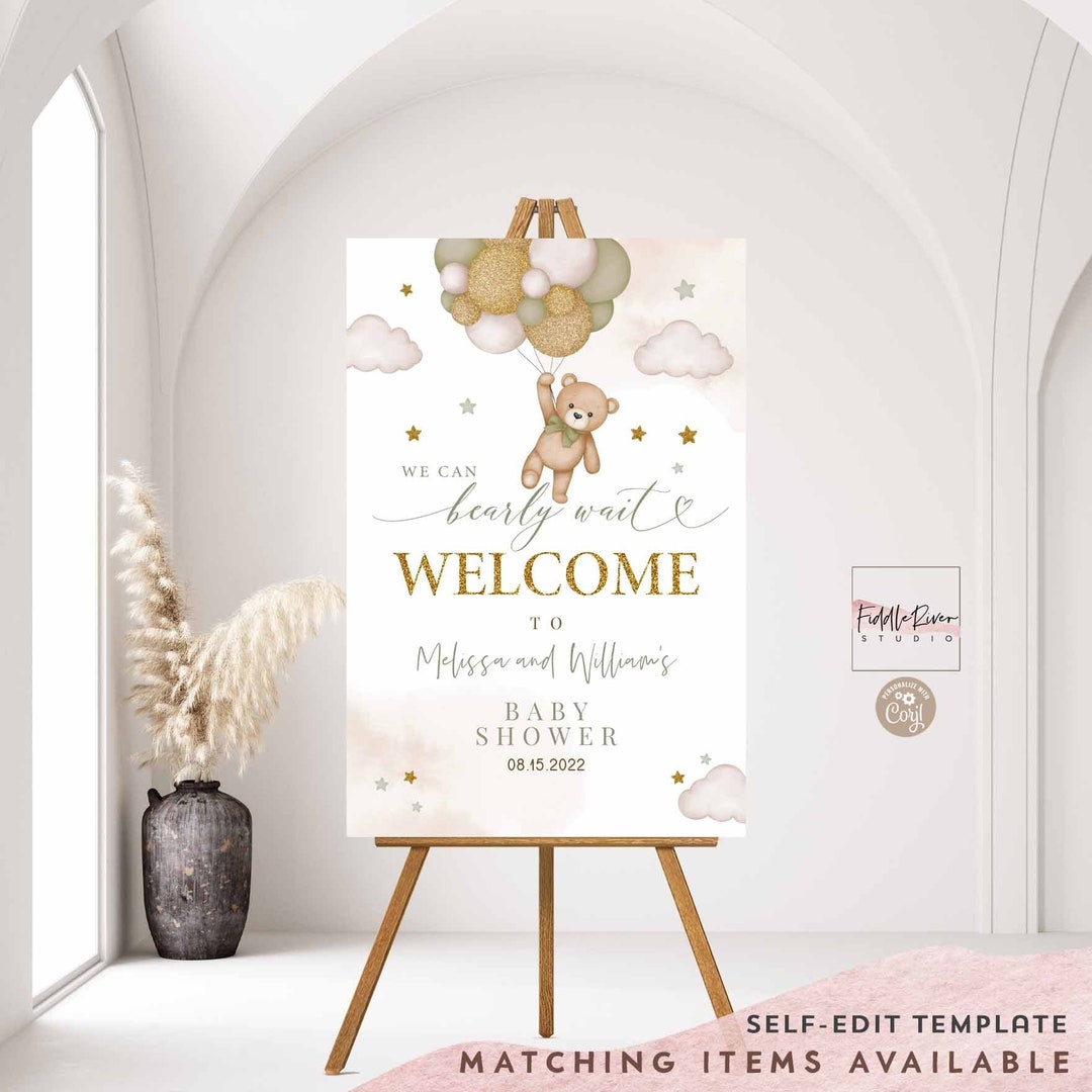 Editable Gold Sage Green Teddy Bear We Can Bearly Wait Baby Shower ...