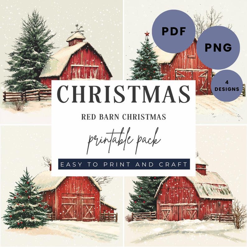 Red Barn Christmas Scene Printable Bundle, Christmas Tree PNG, DIY Sign ...