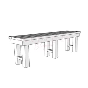 Op de afbeelding: Een witte houten bank met een latten bovenkant en vier poten. De bank is gemaakt van onbehandeld hout en heeft een rustieke uitstraling.