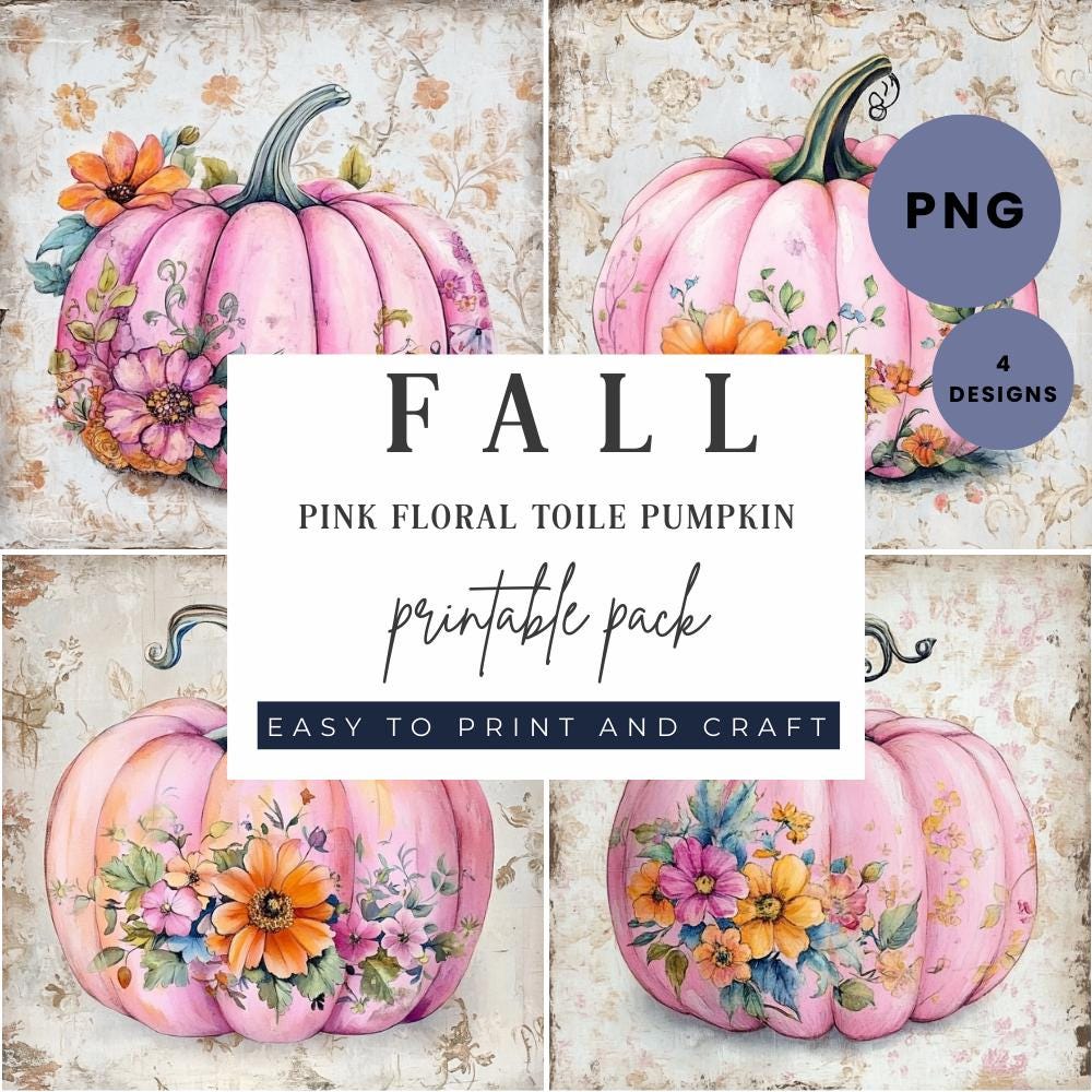 Pink Floral Toile Pumpkin Printable Bundle, Pumpkin PNG, DIY Sign, Fall ...